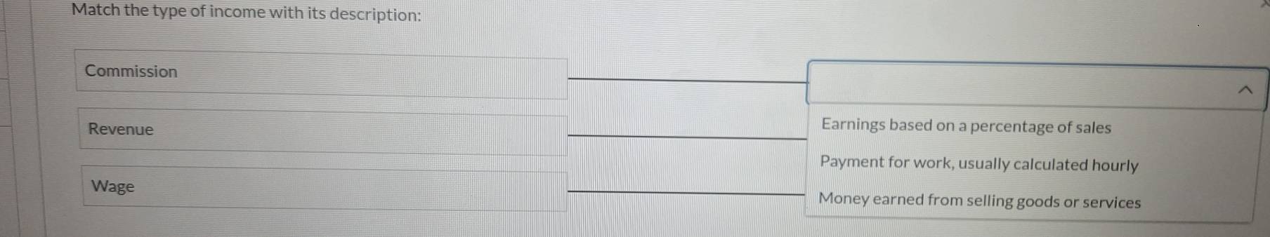 Match the type of income with its description:
Commission
Revenue
Earnings based on a percentage of sales
Payment for work, usually calculated hourly
Wage Money earned from selling goods or services