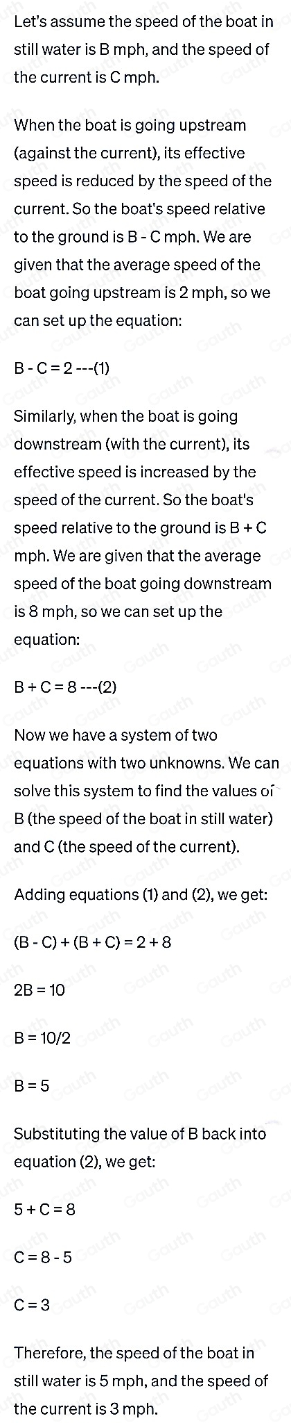 Solved: A boat going upstream on The River averages 2 mph. Going ...