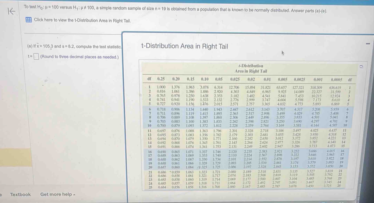 To test H_0:mu =100 versus H_1:mu != 100 , a simple random sample of size n=19 is obtained from a population that is known to be normally distributed. Answer parts (a)-(e). 
Click here to view the t-Distribution Area in Right Tail. 
(a) overline x=105.3 and s=8.2 , compute the test statistic. t-Distribution Area in Right Tail 
(Round to three decimal places as needed.) 
(-Distribution 
Arca in Right Tail 
Textbook Get more help£