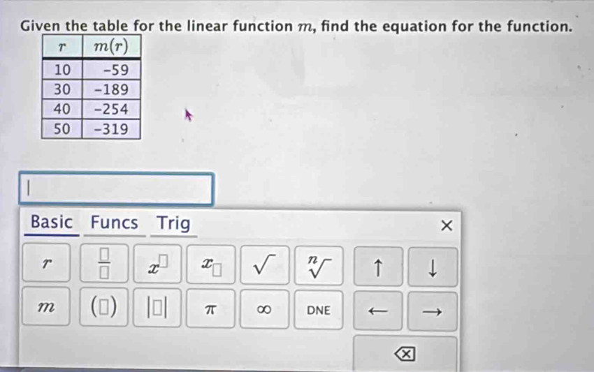 Given the table for the linear function m, find the equation for the function.
Basic Funcs Trig ×
r  □ /□   x^(□) x_□  sqrt() sqrt[n]() ↑ downarrow
m (□ ) beginvmatrix □ endvmatrix π ∞ DNE arrow