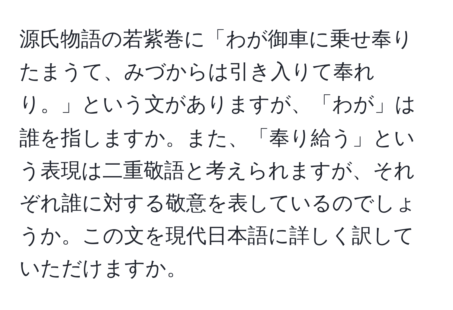 源氏物語の若紫巻に「わが御車に乗せ奉りたまうて、みづからは引き入りて奉れり。」という文がありますが、「わが」は誰を指しますか。また、「奉り給う」という表現は二重敬語と考えられますが、それぞれ誰に対する敬意を表しているのでしょうか。この文を現代日本語に詳しく訳していただけますか。