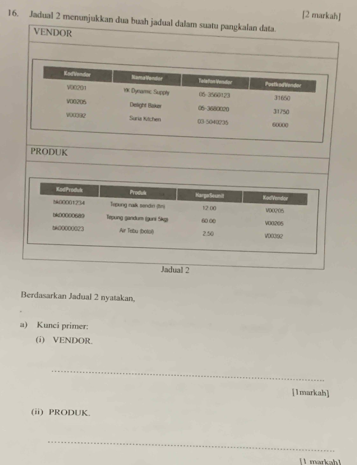 [2 markah] 
16. Jadual 2 menunjukkan dua buah jadual dalam suatu pangkalan data. 
VENDOR 
PRODUK 
Jadual 2 
Berdasarkan Jadual 2 nyatakan, 
a) Kunci primer: 
(i) VENDOR. 
_ 
[1markah] 
(ii) PRODUK. 
_ 
[l markah]