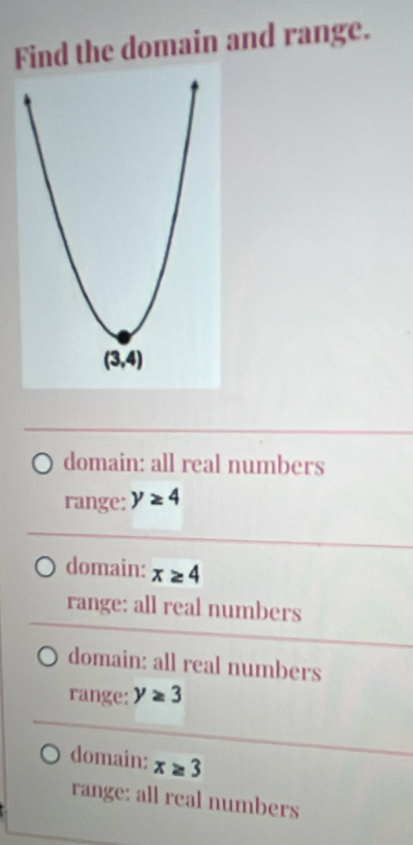 Find the domain and range.
domain: all real numbers
range: y≥ 4
domain: x≥ 4
range: all real numbers
domain: all real numbers
range: y≥ 3
domain: x≥ 3
range: all real numbers