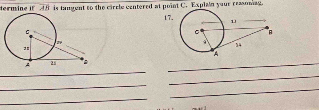 termine if overline overline  is tangent to the circle centered at point C. Explain your reasoning. 
17. 
_ 
_ 
_ 
_ 
_ 
_ 
naae 1