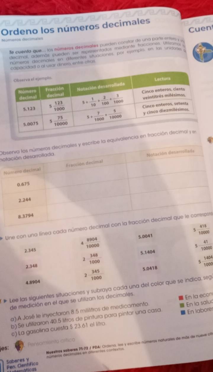 Ordeno los números decimales
Cuen
Números decimales
fe cuento que... los números dectmales pueden constar de una parte entera y un
decimal, además pueden ser representados mediante fracciones. Utilizamos a
números decimales en diferentes situaciónes. por ejemplo, en las unidades  :
capacidad o al usar dinero, entre otras.
Oe la equivalencia en fr
no
Une con una línea cada númns
5
4  8904/10000  5.0041  418/10000 
5  41/10000 
2.345
2  348/1000 
5.1404
5  1404/1000 
2.348
2 345/1000 
4.8904 5.0418
Lee las siguientes situaciones y subraya cada una del color que se indica, seg
de medición en el que se utilizan los decimales.
a) A José le inyectaron 8.5 mililitros de medicamento. En la econ
b) Se utilizaron 40.5 litros de pintura para pintar una casa. En la salud
c) La gasolina cuesta $ 23.61 el litro. En labores
Nuestros saberes 71-72 / PDA: Ordena, lee y escribe números naturales de más de nueve cir
     
es:
Saberes y números decimales en diferentes contextos.
Pen. Científico
temáticas