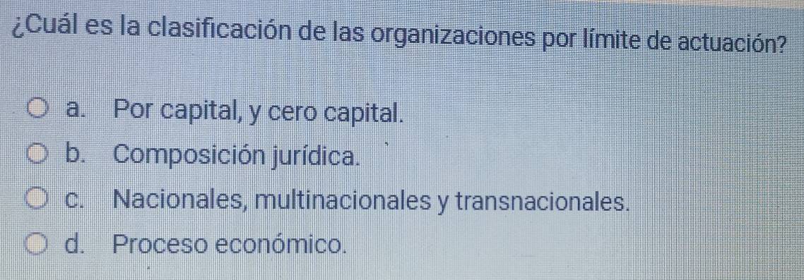 ¿Cuál es la clasificación de las organizaciones por límite de actuación?
a. Por capital, y cero capital.
b. Composición jurídica.
c. Nacionales, multinacionales y transnacionales.
d. Proceso económico.