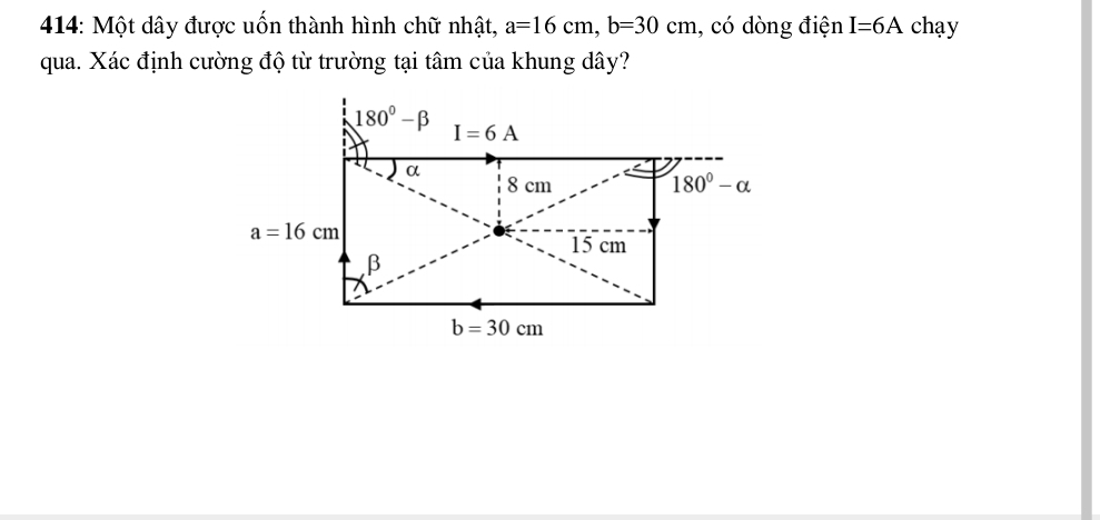 414: Một dây được uốn thành hình chữ nhật, a=16cm,b=30cm , có dòng điện I=6A chạy
qua. Xác định cường độ từ trường tại tâm của khung dây?