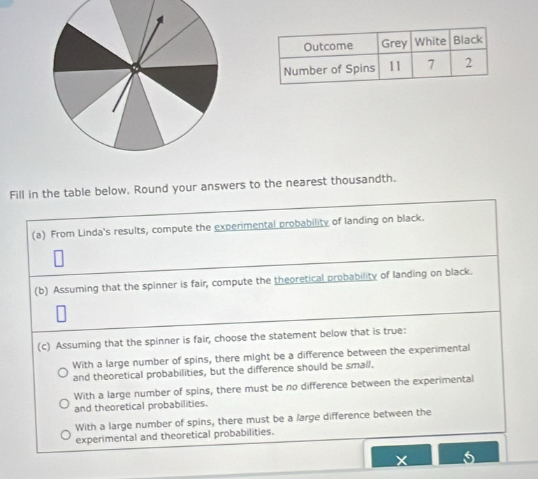 Fill in the table below, Round your answers to the nearest thousandth.
(a) From Linda's results, compute the experimental probability of landing on black.
(b) Assuming that the spinner is fair, compute the theoretical probability of landing on black.
(c) Assuming that the spinner is fair, choose the statement below that is true:
With a large number of spins, there might be a difference between the experimental
and theoretical probabilities, but the difference should be small.
With a large number of spins, there must be no difference between the experimental
and theoretical probabilities.
With a large number of spins, there must be a large difference between the
experimental and theoretical probabilities.
X 5