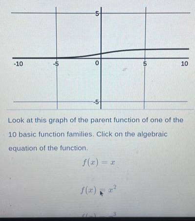 basic function families. Click on the algebraic 
equation of the function.
f(x)=x
f(x)=x^2
3