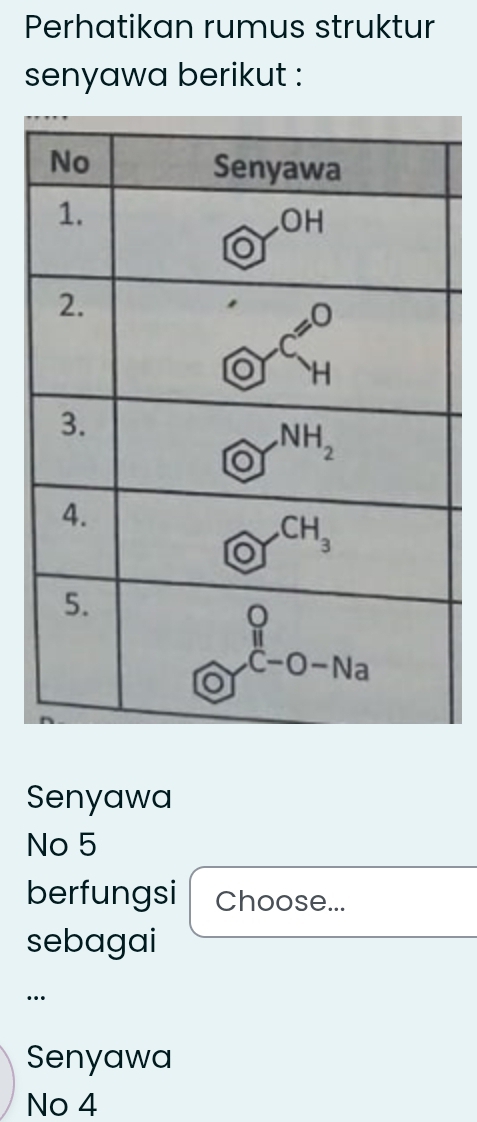 Perhatikan rumus struktur
senyawa berikut :
Senyawa
No 5
berfungsi Choose...
sebagai
…
Senyawa
No 4