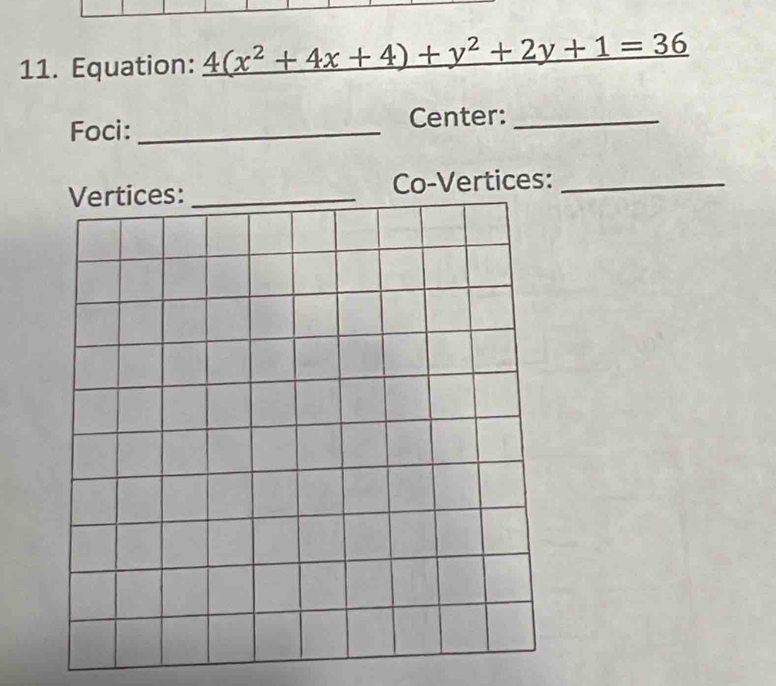 Equation: _ 4(x^2+4x+4)+y^2+2y+1=36
Foci: _Center:_ 
_Co-Vertices:_