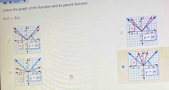 Listen
Select the graph of the function and its parent function
h(x)=3|x|
y
4
V
4
h
2
a 1- 2 4 x
2
2 y=|x|
4 2 2 4 x
-4
2
h y=|x|
4
y
4
h 2
4 -2 2
4 x
2 y=|x|
-4