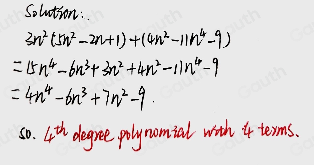 Solved: Find the sum and classify the polynomial based on degree and ...