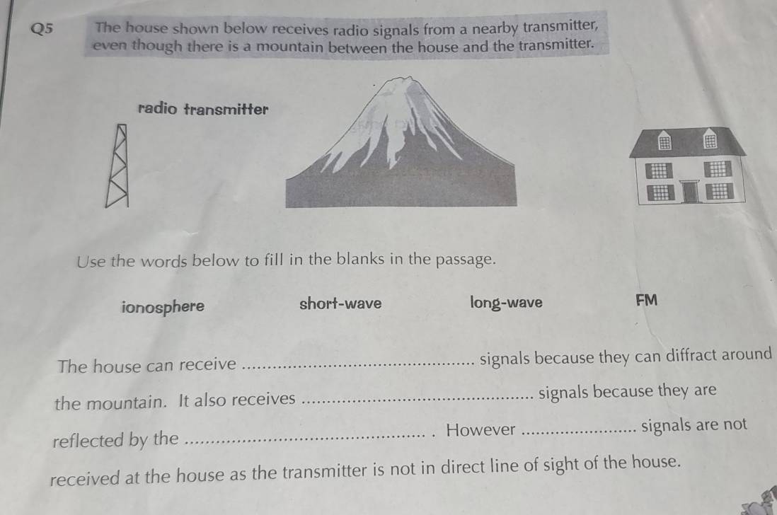 The house shown below receives radio signals from a nearby transmitter, 
even though there is a mountain between the house and the transmitter. 
radio transmitte 
Use the words below to fill in the blanks in the passage. 
ionosphere short-wave long-wave FM 
The house can receive _signals because they can diffract around 
the mountain. It also receives _signals because they are 
However 
reflected by the __signals are not 
received at the house as the transmitter is not in direct line of sight of the house.