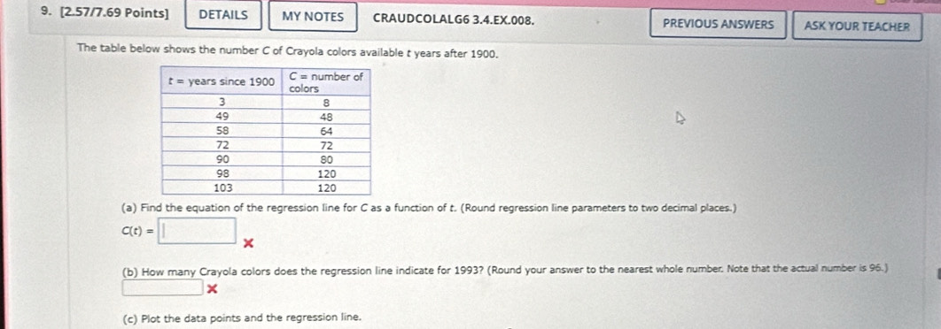 DETAILS MY NOTES CRAUDCOLALG6 3.4.EX.008. PREVIOUS ANSWERS ASK YOUR TEACHER
The table below shows the number C of Crayola colors available t years after 1900.
(a) Find the equation of the regression line for C as a function of t. (Round regression line parameters to two decimal places.)
C(t)=□ *
(b) How many Crayola colors does the regression line indicate for 1993? (Round your answer to the nearest whole number. Note that the actual number is 96.)
□
(c) Plot the data points and the regression line.