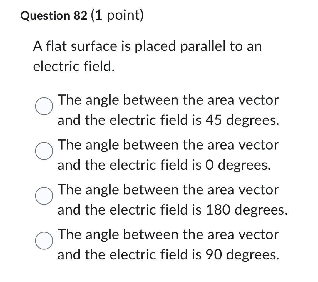 A flat surface is placed parallel to an
electric field.
The angle between the area vector
and the electric field is 45 degrees.
The angle between the area vector
and the electric field is 0 degrees.
The angle between the area vector
and the electric field is 180 degrees.
The angle between the area vector
and the electric field is 90 degrees.