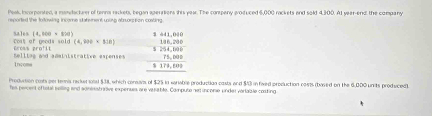 Peak, incorporated, a manulacturer of tennis rackets, began operations this year. The company produced 6,000 rackets and sold 4,900. At year -end, the company 
reported the following income statement using absorption costing 
Sales (4,000* 800)
Cost of goods sold (4,900* 538) beginarrayr 5441,000 -180,280 hline 5254,000 hline 5179,000 hline endarray
Gross profit 
Selling and administrative expenses 
Income 
Production costs per tennis racket total $38, which consists of $25 in variable production costs and $13 in fixed production costs (based on the 6,000 units produced). 
fen percent of total selling and administrative expenses are variable. Compute net income under variable costing.