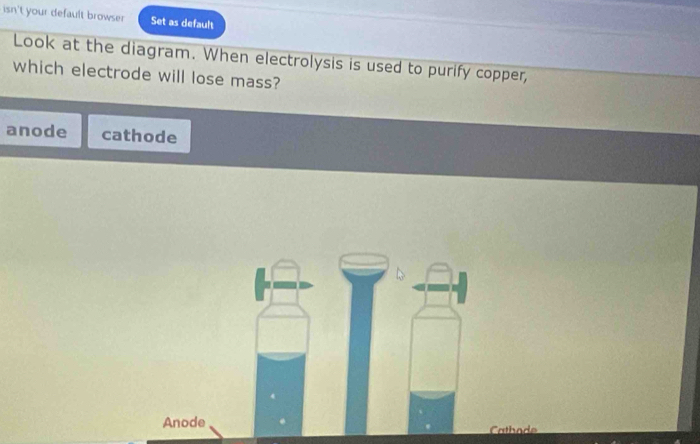 isn't your default browser Set as default
Look at the diagram. When electrolysis is used to purify copper,
which electrode will lose mass?
anode cathode
Anode
Cathode