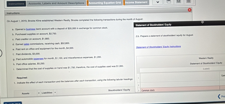 Instructions Accounts, Labels and Amount Descriptions Accounting Equation Grld Income Statement 
Instructions 
On August 1, 20Y9, Brooke Kline established Western Realty. Brooke completed the following transactions during the month of August: 
Statement of Stockholders' Equity 
a. Opened a business bank account with a deposit of $35,000 in exchange for common stock. 
b. Purchased supplies on account, $2,750. 
c. Paid creditor on account, $1,800. 2.b. Prepare a statement of stockholders' equity for August. 
d. Earned sales commissions, receiving cash, $52,800. 
e. Paid rent on office and equipment for the month, $4,500. Statement of Stockholders' Equity Instructions 
f. Paid dividends, $3,000. 
g. Paid automobile expenses for month, $1,100, and miscellaneous expenses, $1,200. Western Realty 
h. Paid office salaries, $5,250. 
l. Determined that the cost of supplies on hand was $1,750; therefore, the cost of supplies used was $1,000. Statement of Stockholders' Equity 
(Labei) 
Required: Com 
1. Indicate the effect of each transaction and the balances after each transaction, using the following tabular headings: 1 
2 
Assets Liabilities Stockholders' Equity Common stock