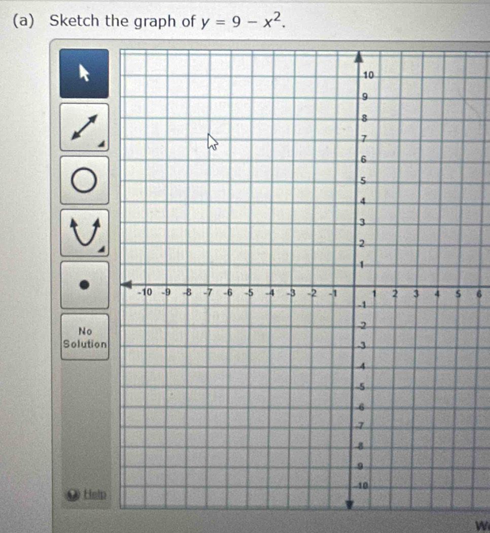 Sketch the graph of y=9-x^2.
k
V 
6 
No 
Solution 
Help 
W