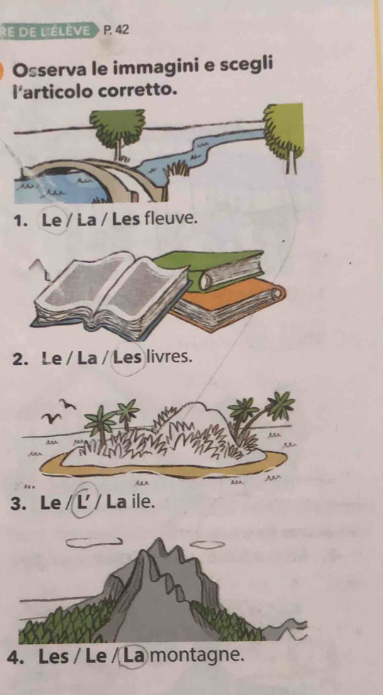 DE L'ELEVE P. 42
Osserva le immagini e scegli 
l'articolo corretto. 
1. Le / La / Les fleuve. 
2. Le / La / Les livres. 
3. Le / L / La ile. 
4. Les / Le / La montagne.