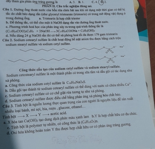 dây tham gia phân ứng tráng gương là A. 3. B. 1. C. 4 D. 2.
PHẢN II. Câu trắc nghiệm đúng sai.
Câu 1. Đường ống thoát nước của bồn rửa chén bát sau khi sử dụng một thời gian có thể bị
tắc do chất béo dạng rắn (như glyceryl tristearate (tristearin) có trong mỡ động vật) đọng ở
trong đường ống. a. Tristearin là hợp chất triester
b. Để thông tắc, có thể cho một ít NaOH dạng rắn vào đường ống thoát nước.
c. Phương trình hoá học của phản ứng xảy ra trong quá trình thông tắc là
(C_17H_35COO)_3C_3H_5+3NaOHto 3C_17H_35COONa+C_3H_5(OH)_3
d. Nếu dùng 24 g NaOH rắn thì có thể xà phòng hoá tối đa được 179 gam tristearin
Câu 2. Sodium cetearyl sulfate là chất hoạt động bề mặt anion thu được bằng cách trộn
sodium stearyl sulfate và sodium cetyl sulfate.
。 O° Ha
O''Na''
Công thức cấu tạo của sodium cetyl sulfate và sodium stearyl sulfate.
Sodium cetostearyl sulfate là một thành phần có trong sữa tấm và dầu gội có tác dụng như
xà phòng.
a. Công thức của sodium cetyl sulfate là C_16H_34NaO_4S.
b. Dầu gội tạo thành từ sodium cetearyl sulfate có thể dùng với nước có chứa nhiều Ca^(2+).
c. Sodium cetearyl sulfate có cơ chế giặt rửa tương tự như xà phòng.
d. Sodium cetearyl sulfate được điều chế bằng phản ứng xà phòng hóa chất béo.
Câu 3. Tinh bột là nguồn lương thực quan trọng của con người là nguyên liệu để sản xuất
nhiều loại bánh, mì sợi, bia, rượu , glucose, ethanol...
Tinh bột X Y acetic acid.
a. X hòa tan Cu(OH) 2 tạo dung dịch phức màu xanh lam b.Y là hợp chất hữu cơ đa chức.
c. Tính bột là polymer tự nhiên, có công thức là (C_6H_10O_5)n.
d. Oxi hóa không hoàn toàn Y thu được hợp chất hữu cơ có phản ứng tráng gương.