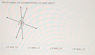 Which angles are complementary to each other?
∠ 6 an d ∠ 5 ∠ 1 and ∠ 2 ∠ 3 and ∠ 6 ∠ 5 and ∠ 3