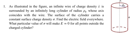 A
1. As illustrated in the figure, an infinite wire of charge density λ is
surrounded by an infinitely long cylinder of radius rho _0 whose axis
coincides with the wire. The surface of the cylinder carries a
constant surface charge density σ. Find the electric field everywhere.
What particular value of σ will make E=0 for all points outside the
charged cylinder?