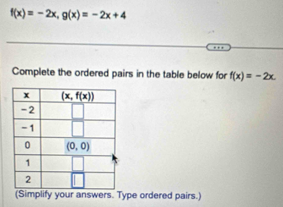 f(x)=-2x,g(x)=-2x+4
Complete the ordered pairs in the table below for f(x)=-2x.
(Simplify your answers. Type ordered pairs.)