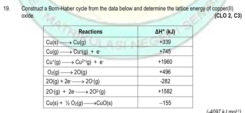 Construct a Born-Haber cycle from the data below and determine the lattice energy of copper(II)
oxide. (CLO 2, C3)
(-4097 k L mol1)