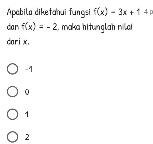 Apabila diketahui fungsi f(x)=3x+14 p
dan f(x)=-2 , maka hitunglah nilai
dari x.
-1
0
1
2