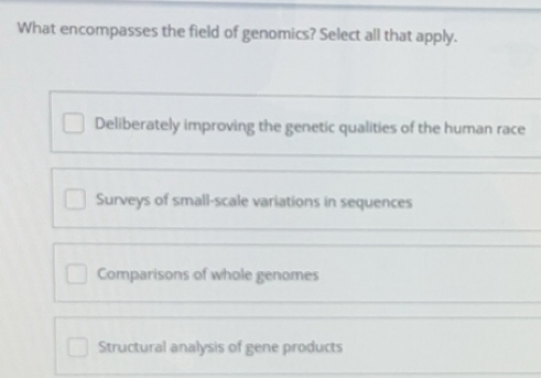 Solved: What encompasses the field of genomics? Select all that apply ...