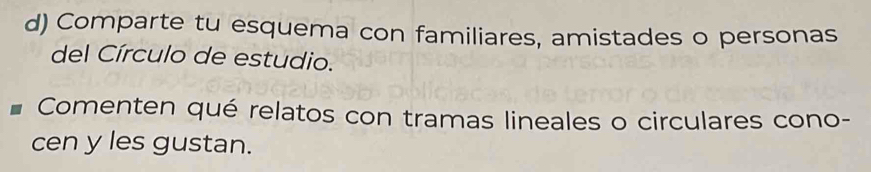 Comparte tu esquema con familiares, amistades o personas 
del Círculo de estudio. 
Comenten qué relatos con tramas lineales o circulares cono- 
cen y les gustan.