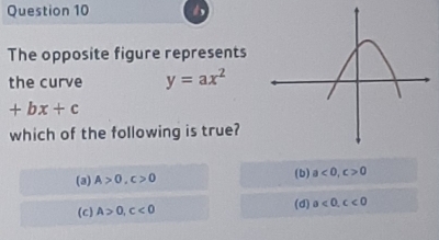 The opposite figure represents
the curve y=ax^2
+bx+c
which of the following is true?
(a) A>0, c>0 (b) a<0</tex>, c>0
(c) A>0, c<0</tex> (d) a<0</tex>, c<0</tex>