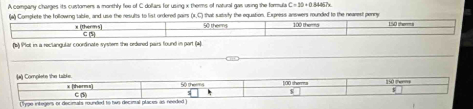 A company charges its customers a monthly fee of C dollars for using x therms of natural gas using the formula C=10+0.84457x. 
(a) Complete the following table, and use the results to list ordered pairs that satisfy the equation. Express answers rounded to the nearest penny. (x,C)
x (therms) 50 therms 100 therms 150 therms
C (5)
(b) Plot in a rectangular coordinate system the ordered pairs found in part (a).