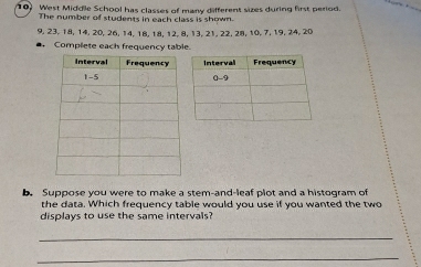 West Middile School has classes of many different sizes during first period. 
The number of students in each class is shown.
9, 23, 18, 14, 20, 26, 14, 18, 18, 12, 8, 13, 21, 22, 28, 10, 7, 19, 24, 20
Complete each frequency table. 
b. Suppose you were to make a stem-and-leaf plot and a histogram of 
the data. Which frequency table would you use if you wanted the two 
displays to use the same intervals? 
_ 
_