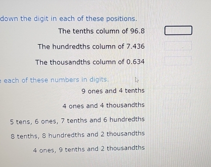 down the digit in each of these positions.
The tenths column of 96.8
The hundredths column of 7.436
The thousandths column of 0.634
each of these numbers in digits.
9 ones and 4 tenths
4 ones and 4 thousandths
5 tens, 6 ones, 7 tenths and 6 hundredths
8 tenths, 8 hundredths and 2 thousandths
4 ones, 9 tenths and 2 thousandths