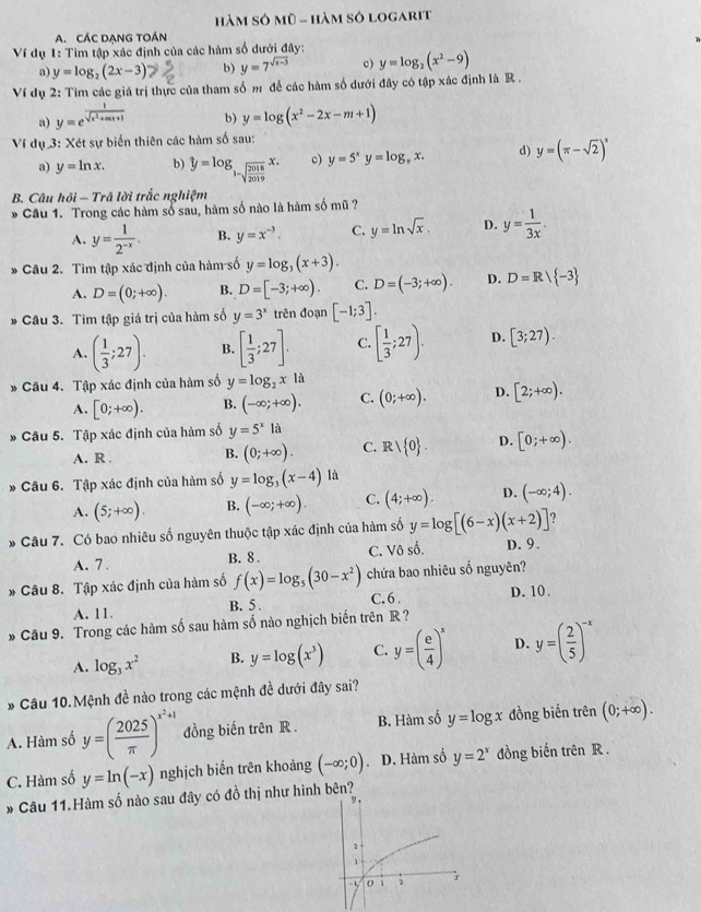 hàm số mũ - hàm số logarit
A. CÁC DẠNG TOÁN
n
Ví dụ 1: Tìm tập xác định của các hàm số dưới đây:
a) y=log _2(2x-3) b) y=7^(sqrt(x-3)) c) y=log _2(x^2-9)
Ví dụ 2: Tìm các giá trị thực của tham số m để các hàm số dưới đây có tập xác định là R .
a) y=e^(frac 1)sqrt(x^2+mx+1) b) y=log (x^2-2x-m+1)
Ví dụ 3: Xét sự biển thiên các hàm số sau:
a) y=ln x. b) y=log _1-sqrt(frac 2018)2019x. c) y=5^xy=log _π x. d) y=(π -sqrt(2))^x
B. Câu hồi -Tr là lời trắc nghiệm
* Cầu 1. Trong các hàm số sau, hàm số nào là hàm số mũ ?
A. y= 1/2^(-x) . B. y=x^(-3). C. y=ln sqrt(x). D. y= 1/3x .
* Câu 2. Tìm tập xác định của hàm số y=log _3(x+3).
A. D=(0;+∈fty ). B. D=[-3;+∈fty ). C. D=(-3;+∈fty ). D. D=R/ -3
* Cầu 3. Tìm tập giá trị của hàm số y=3^x trên đoạn [-1;3].
A. ( 1/3 ;27). B. [ 1/3 ;27]. C. [ 1/3 ;27). D. [3;27).
* Câu 4. Tập xác định của hàm số y=log _2xla
A. [0;+∈fty ). B. (-∈fty ;+∈fty ). C. (0;+∈fty ). D. [2;+∈fty ).
* Câu 5. Tập xác định của hàm số y=5^x1i
A. R . B. (0;+∈fty ). C. Rvee  0 . D. [0;+∈fty ).
* Câu 6. Tập xác định của hàm số y=log _3(x-4) là
A. (5;+∈fty ). B. (-∈fty ;+∈fty ). C. (4;+∈fty ). D. (-∈fty ;4).
?
* Câu 7. Có bao nhiêu số nguyên thuộc tập xác định của hàm số y=log [(6-x)(x+2)] D. 9.
A. 7 . B. 8. C. Vô số.
* Câu 8. Tập xác định của hàm số f(x)=log _5(30-x^2) chứa bao nhiêu số nguyên?
A. 11. B. 5 . C. 6 . D. 10 .
* Câu 9. Trong các hàm số sau hàm số nào nghịch biến trên R ?
A. log _3x^2 B. y=log (x^3) C. y=( e/4 )^x D. y=( 2/5 )^-x
* Câu 10.Mệnh đề nào trong các mệnh đề dưới đây sai?
A. Hàm số y=( 2025/π  )^x^2+1 đồng biến trên R . B. Hàm số y=log x đồng biến trên (0;+∈fty ).
C. Hàm số y=ln (-x) nghịch biến trên khoảng (-∈fty ;0). D. Hàm số y=2^x đồng biến trên R .
* Câu 11.Hàm số nào sau đây có đồ thị như hình bên?