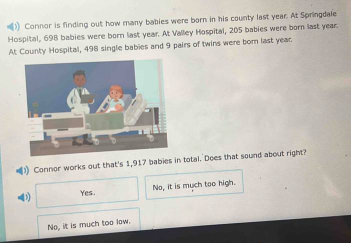 Connor is finding out how many babies were born in his county last year. At Springdale
Hospital, 698 babies were born last year. At Valley Hospital, 205 babies were born last year.
At County Hospital, 498 single babies and 9 pairs of twins were born last year.
Connor works out that's 1,917 babies in total. Does that sound about right?
Yes. No, it is much too high.
No, it is much too low.