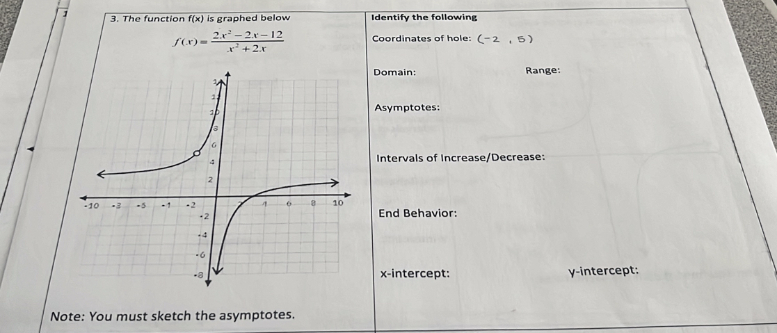 The function f(x) is graphed below Identify the following
f(x)= (2x^2-2x-12)/x^2+2x  Coordinates of hole: (-2,5)
Domain: Range:
Asymptotes:
Intervals of Increase/Decrease:
End Behavior:
x-intercept: y-intercept:
Note: You must sketch the asymptotes.