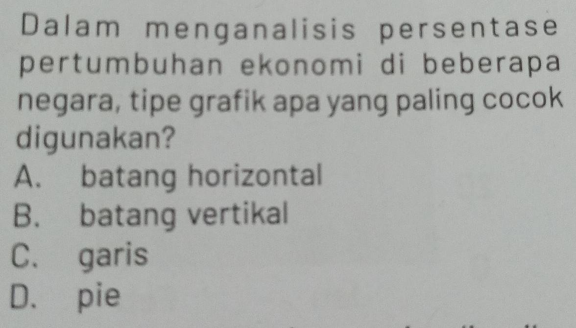 Dalam menganalisis persentase
pertumbuhan ekonomi di beberapa
negara, tipe grafik apa yang paling cocok
digunakan?
A. batang horizontal
B. batang vertikal
C. garis
D. pie