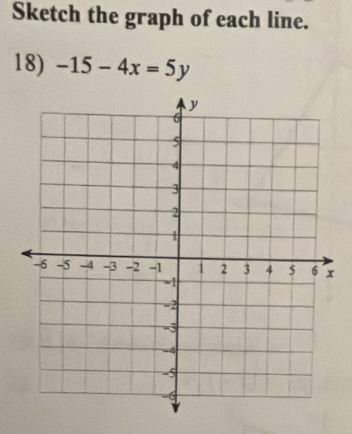 Sketch the graph of each line. 
18) -15-4x=5y