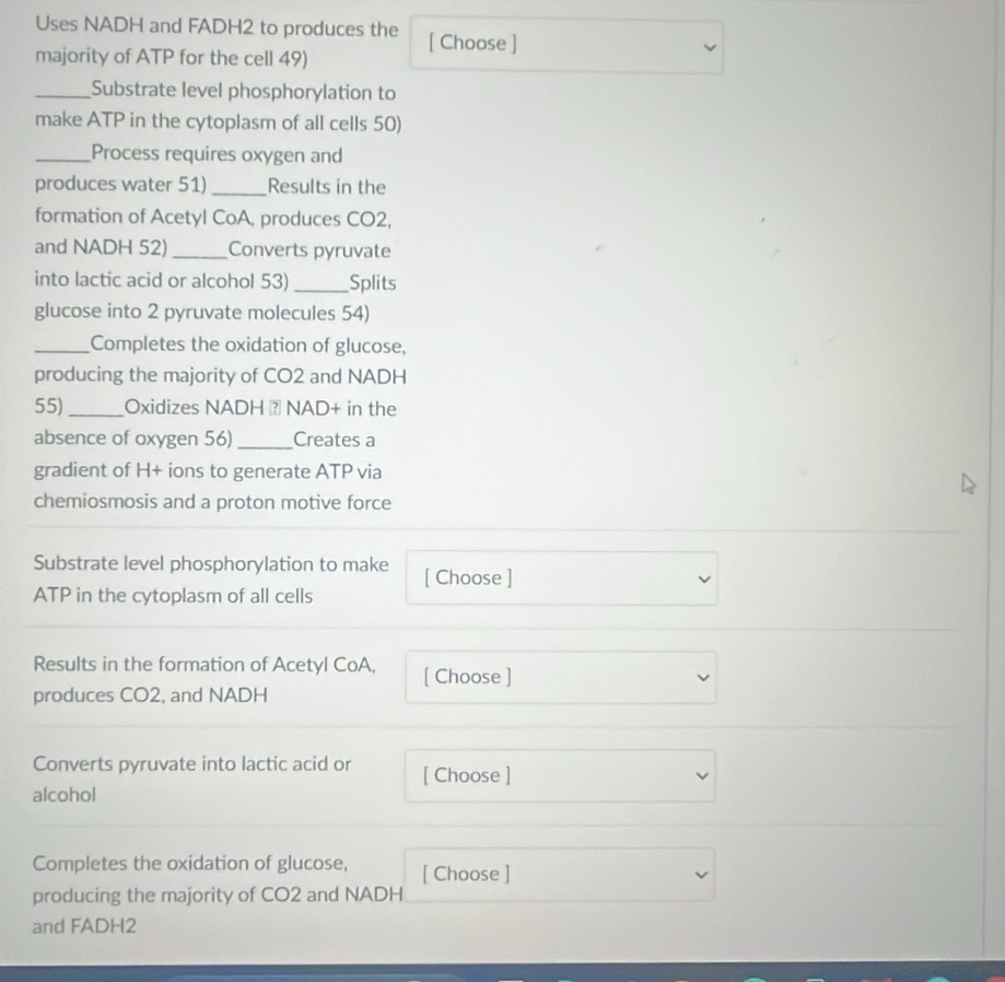 Uses NADH and FADH2 to produces the [ Choose ] 
majority of ATP for the cell 49) 
_Substrate level phosphorylation to 
make ATP in the cytoplasm of all cells 50) 
_Process requires oxygen and 
produces water 51) _Results in the 
formation of Acetyl CoA, produces CO2, 
and NADH 52)_ Converts pyruvate 
into lactic acid or alcohol 53)_ Splits 
glucose into 2 pyruvate molecules 54) 
_Completes the oxidation of glucose, 
producing the majority of CO2 and NADH 
55)_ Oxidizes NADH ? NAD+ in the 
absence of oxygen 56)_ Creates a 
gradient of H+ ions to generate ATP via 
chemiosmosis and a proton motive force 
Substrate level phosphorylation to make [ Choose ] 
ATP in the cytoplasm of all cells 
Results in the formation of Acetyl CoA, [ Choose ] 
produces CO2, and NADH 
Converts pyruvate into lactic acid or [ Choose ] 
alcohol 
Completes the oxidation of glucose, [ Choose ] 
producing the majority of CO2 and NADH 
and FADH2