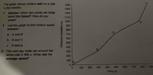 The groph shows Anita's welk on a trail
is the country 
7 Beeween which two paints did Anits
nevel the iauteer? How do you
know? 
8 Use the graph to fnd Anite's speed
b o
A and B
D θ and C
D and A
9 The ned day Anita ran around the
whate that in 400 s. What was her
average spoad? 
firre (2)