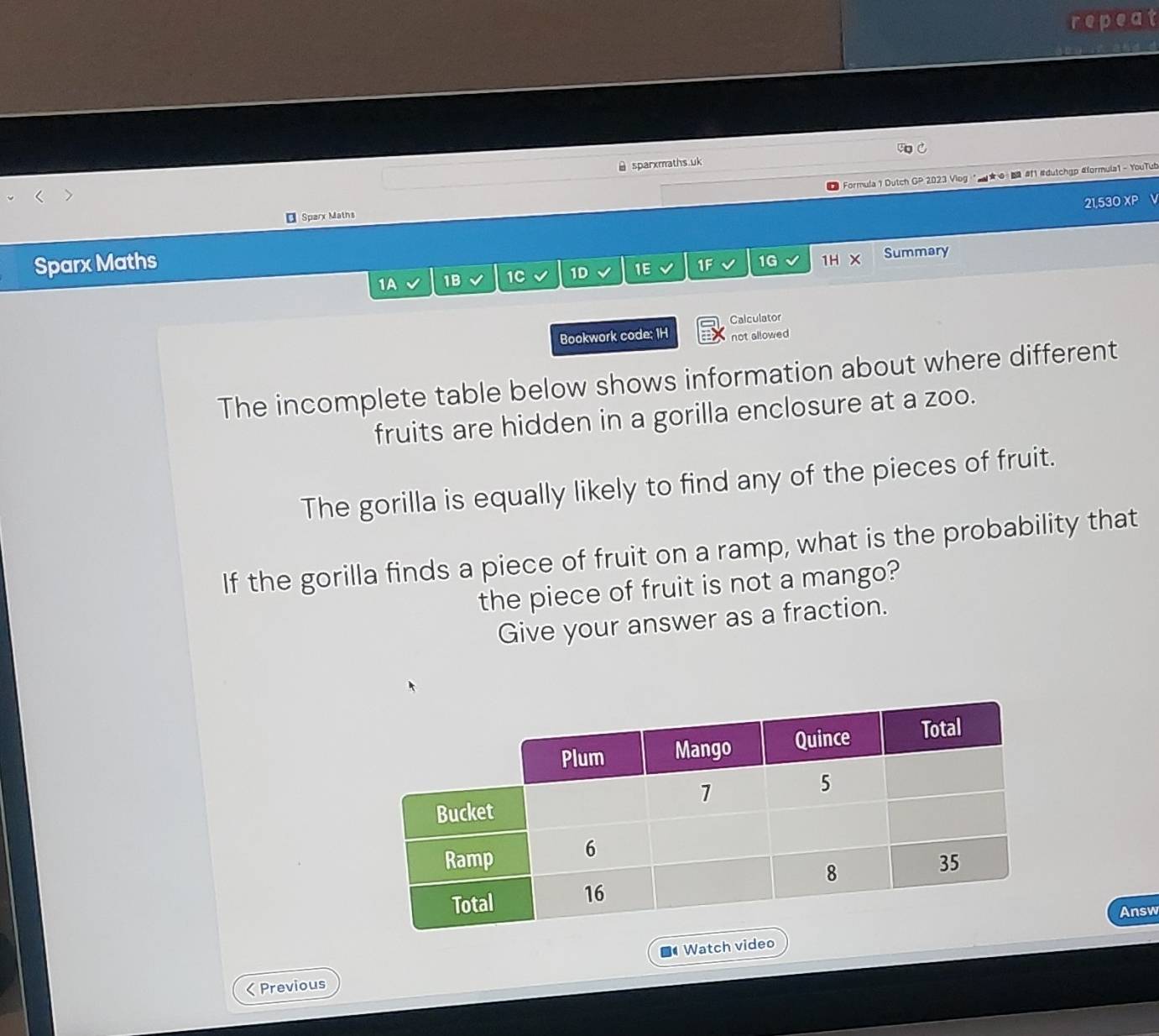 repeat 
` sparxmaths.uk 
★ #fl #dutchap dformula1 - YouTub 
* Sparx Maths Formula 1 Dutch GP 2023 Viog 
21,530 XP 
Sparx Maths 1H X Summary 
1A 1B 1C 1D 1E 1F 1G 
Calculator 
Bookwork code: 1H not allowed 
The incomplete table below shows information about where different 
fruits are hidden in a gorilla enclosure at a zoo. 
The gorilla is equally likely to find any of the pieces of fruit. 
If the gorilla finds a piece of fruit on a ramp, what is the probability that 
the piece of fruit is not a mango? 
Give your answer as a fraction. 
Answ 
< Previous Watch video