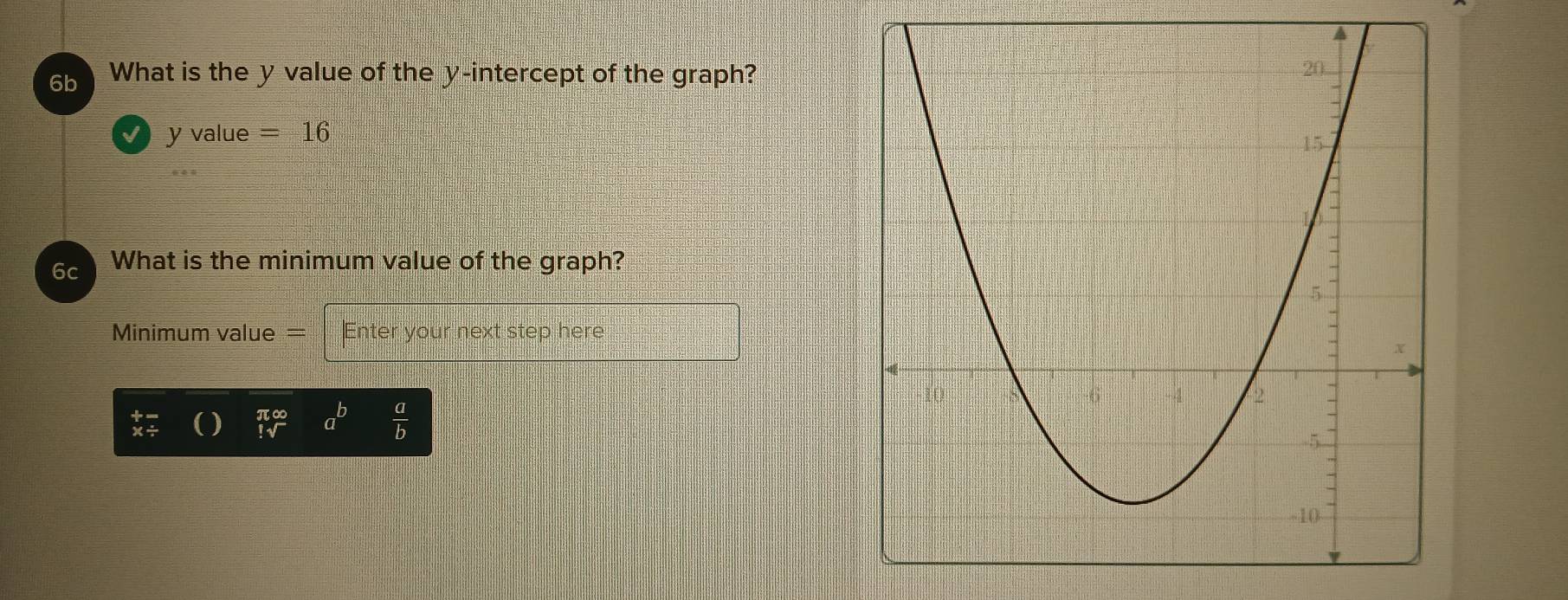 6b What is the y value of the y-intercept of the graph?
y value =16
6c What is the minimum value of the graph? 
Minimum value = Enter your next step here
beginarrayr π ∈fty  !sqrt()endarray a^b  a/b 