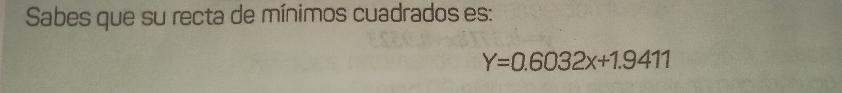 Sabes que su recta de mínimos cuadrados es:
Y=0.6032x+1.9411