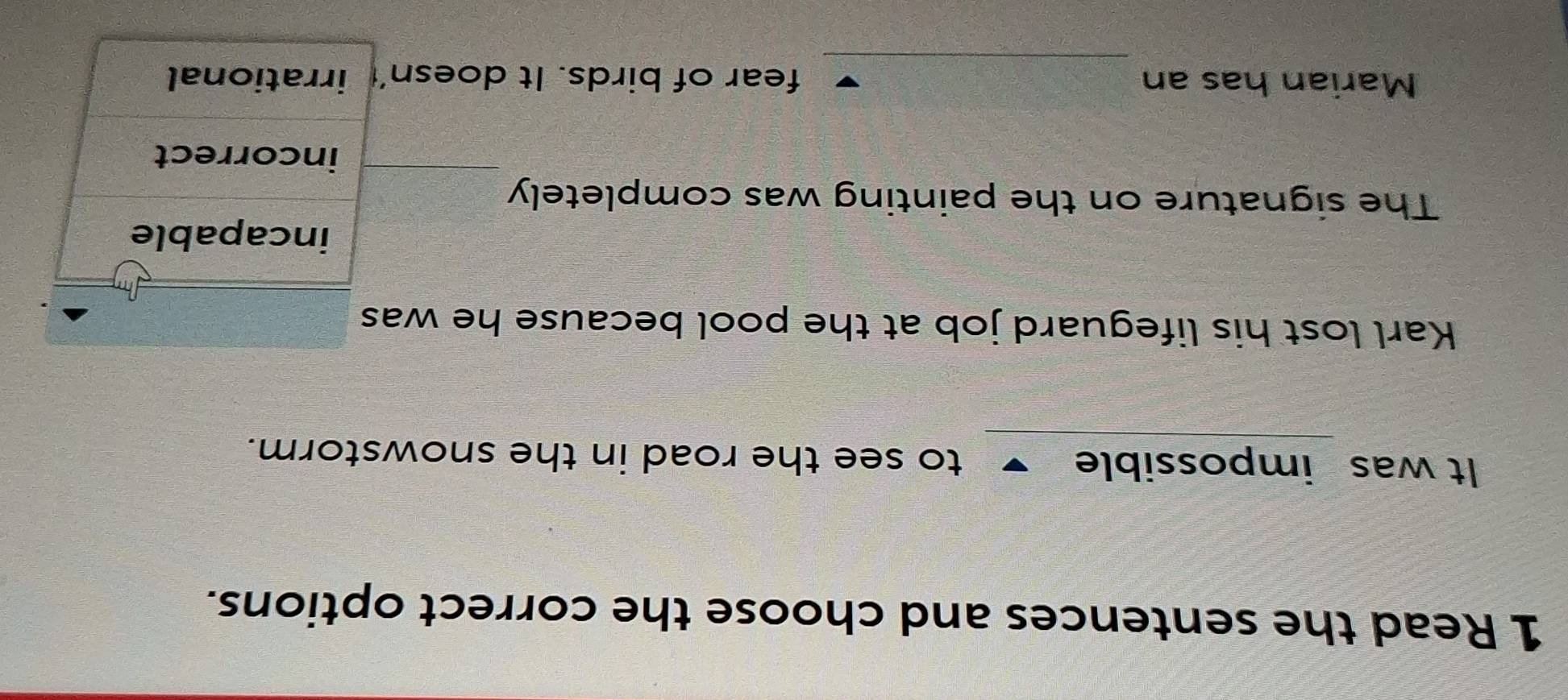 Read the sentences and choose the correct options.
It was impossible to see the road in the snowstorm.
Karl lost his lifeguard job at the pool because he was
incapable
The signature on the painting was completely
incorrect
Marian has an fear of birds. It doesn’ irrational