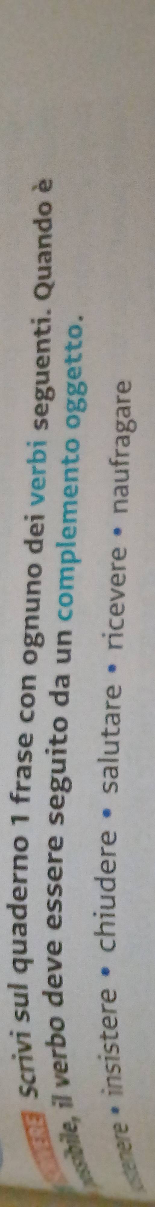 Scrivi sul quaderno 1 frase con ognuno dei verbi seguenti. Quando è
essibile, il verbo deve essere seguito da un complemento oggetto.
* estenere • insistere • chiudere • salutare • ricevere • naufragare