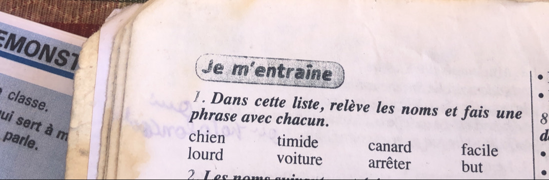 MONS1
Je overline CD entraîne
classe.
]. Dans cette liste, relève les noms et fais une 8
phrase avec chacun.
ui sert à m
parle.
d
chien timide canard facile
lourd voiture arrêter but
2 Les